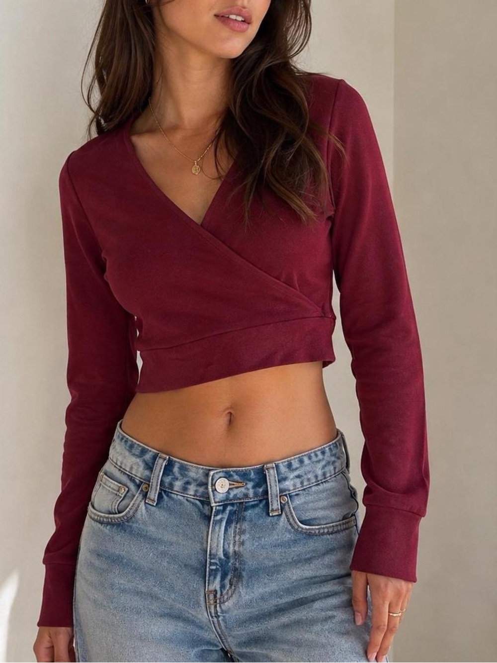 Fabletics Burgundy Wrap Front Cropped Sweatshirt XXS